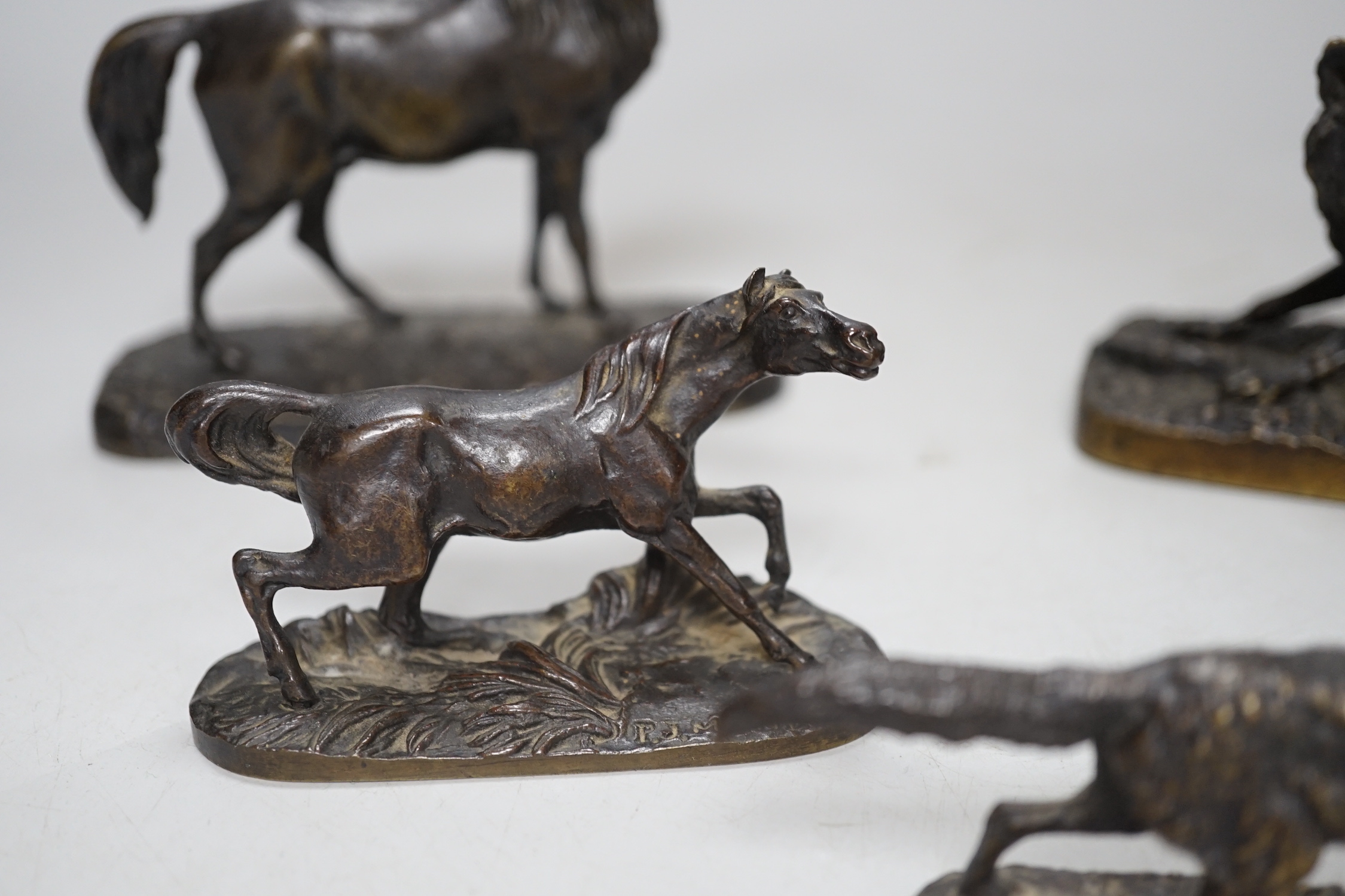 After Pierre-Jules Mêne (1810 – 1879) Four bronze models of foxes and horses, the largest 12.5cm wide